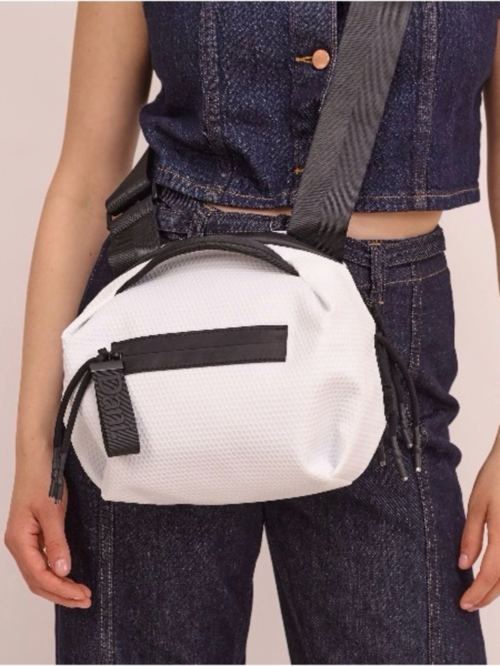 White Vegan Crossbody Belt Bag with Black Trim - Picture 9 of 11